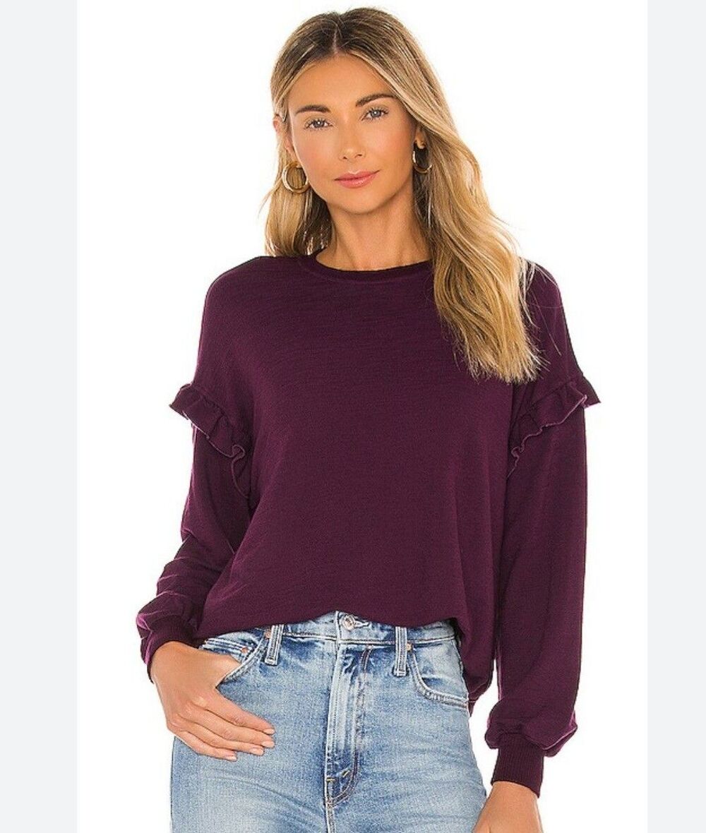 Monrow Supersoft Ruffle Sleeve Sweatshirt Merlot Burgundy Long Sleeve Pullover S